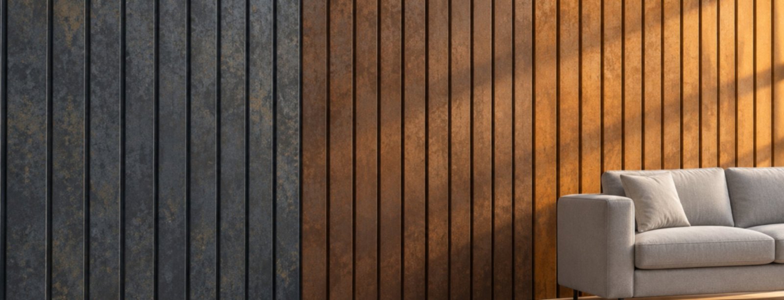 Pared revestida con chapa ARMCO en efecto Corten Blue, Cobre y Corten