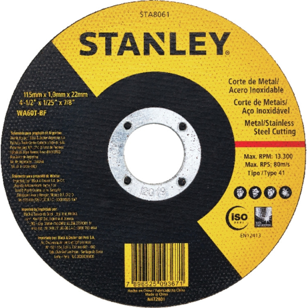 Disco de Corte para Metal 115mm x 1mm Stanley STA8061