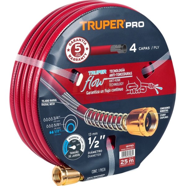 Manguera Super Reforzada 4 Capas 1/2" 25mt Truper MAN-25X1/2X