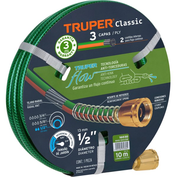 Manguera Reforzada 3 Capas 1/2'' 10mt Truper MAN-10X1/2R