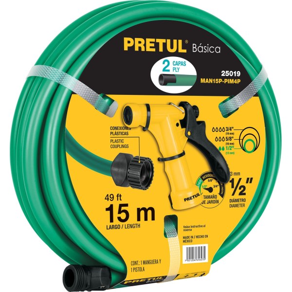 Manguera Jardín 2 Capas 1/2'' 15mt + Pistola Pretul MAN15P-PIM4P