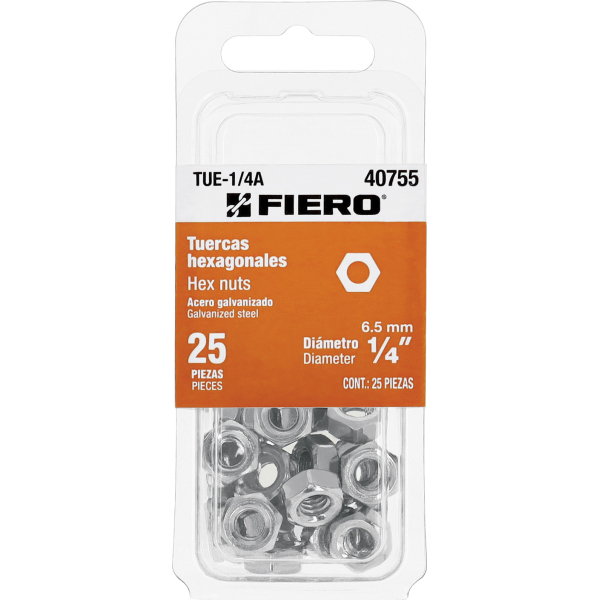 Tuercas Hexagonales 1/4'' Blister x 25 Fiero TUE-1/4A