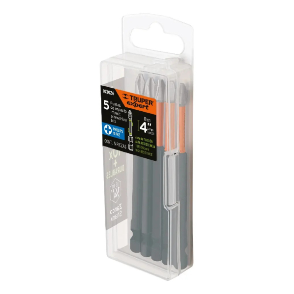 Estuche Con 5 Puntas De Cruz Ph2 De Impacto Largo 4'' Truper PUDE-1402I