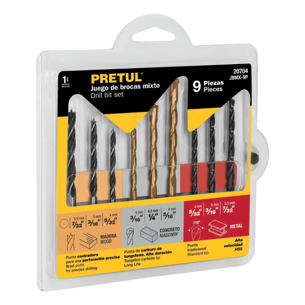 Juego De 9 Brocas Metal, Concreto Y Madera Pretul Jbmx-9p