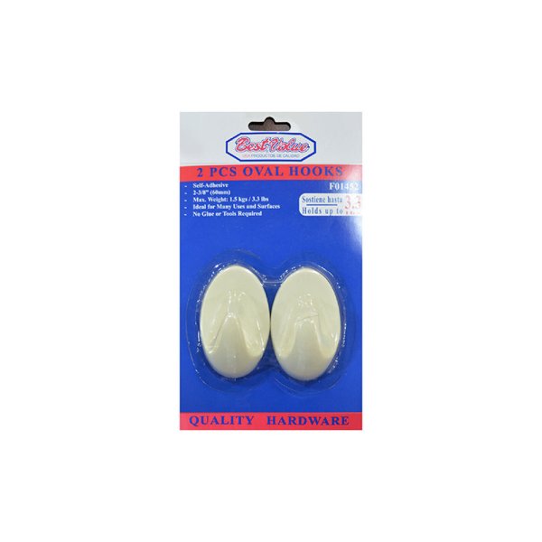Gancho Plástico Ovalado con Adhesivo Blanco 2 Piezas BEST VALUE