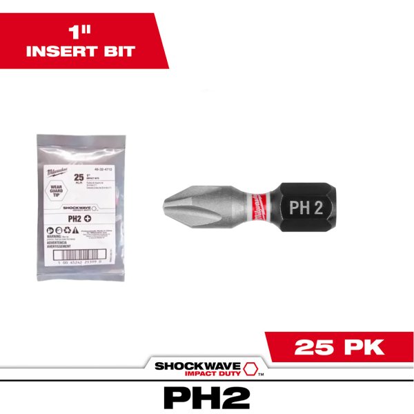 Puntas Phillips PH2 (Bolsa) 25Pz. Cortas 1'' Milwaukee 48-32-4712