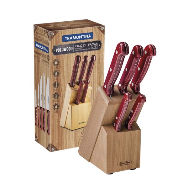 Juego de 6 Cuchillos de Asado con Taco de Madera Polywood Rojo Tramontina 21199/783