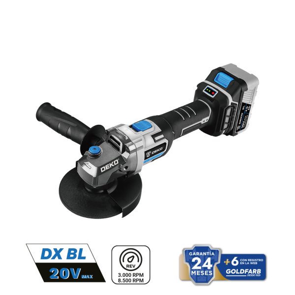 Amoladora Angular 125 mm 20 V Brushless con Batería 4,0 Ah y Cargador Deko DKAG20BL01-S2