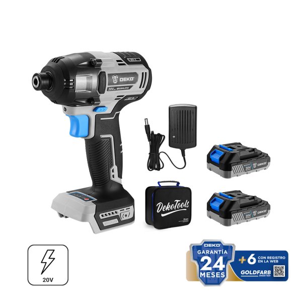 Atornillador de Impacto 20 V Brushless con 2 Baterías 2 Ah y Cargador Deko DKID20BL01-BS2
