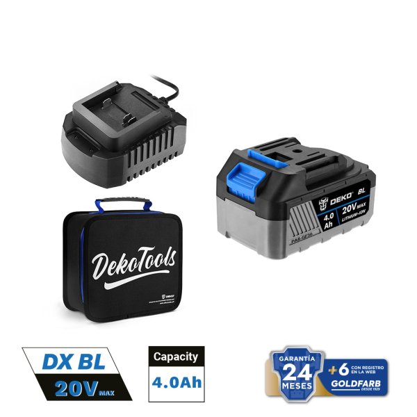 Kit 1 Batería Brushless 20V 4 Ah con Cargador y Bolso de Tela Deko DKBT20S1BL-1040GS