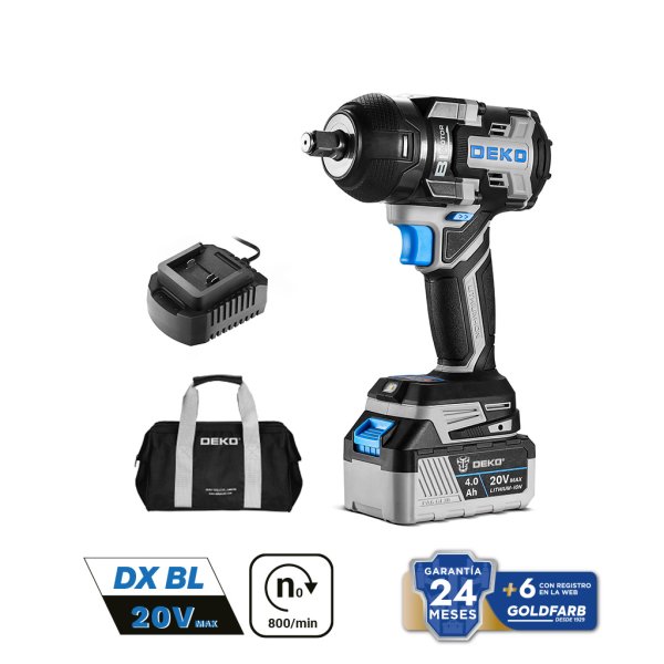 Llave de Impacto Alto Torque 1/2" 20V Brushless con Batería y Cargador Deko DKBW20XP01-S1
