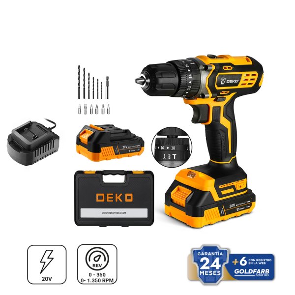 Taladro Percutor 10 mm 42 Nm 20V con 2 Baterías 1,5 Ah y Cargador Deko DKCD20ID01-10S3
