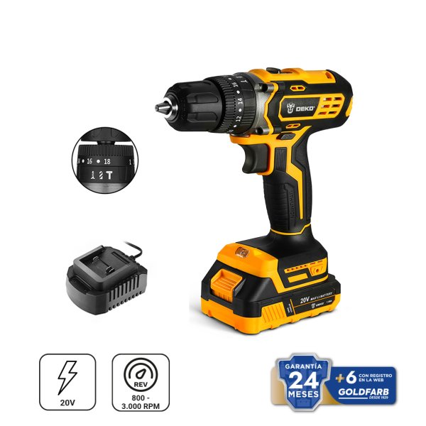Taladro Percutor 10 mm 42 Nm 20V con Batería 1,5 Ah y Cargador Deko DKCD20ID01-H10