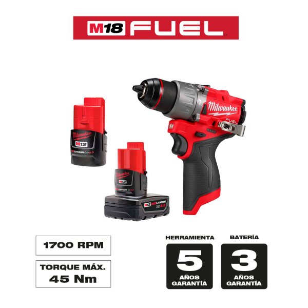 Taladro Percutor 12V FUEL con 2 Baterías y Cargador Milwaukee 3404-22