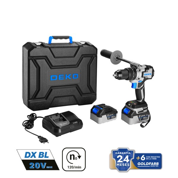 Taladro Percutor Alto Torque 1/2" 20V Brushless 2 Baterías y Cargador Deko DKBL20XP01S4