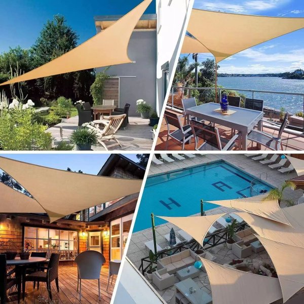 Toldo vela triangular beige 4x4x4 mts, filtro UV