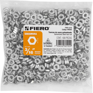 Tuercas Hexagonales 3/16'' Tipo Sakamura Bolsa x 600 Fiero TUES-3/16