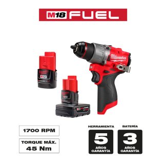 Taladro Percutor 12V FUEL con 2 Baterías y Cargador Milwaukee 3404-22