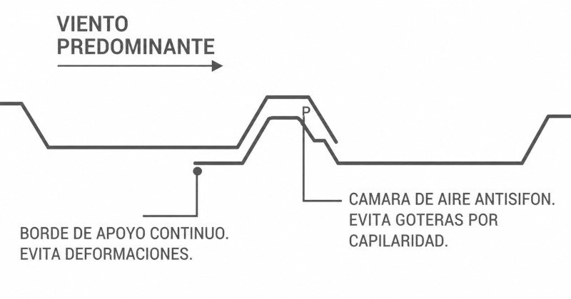 El diseño del solape incorpora detalles destinados a reducir el ingreso de agua.